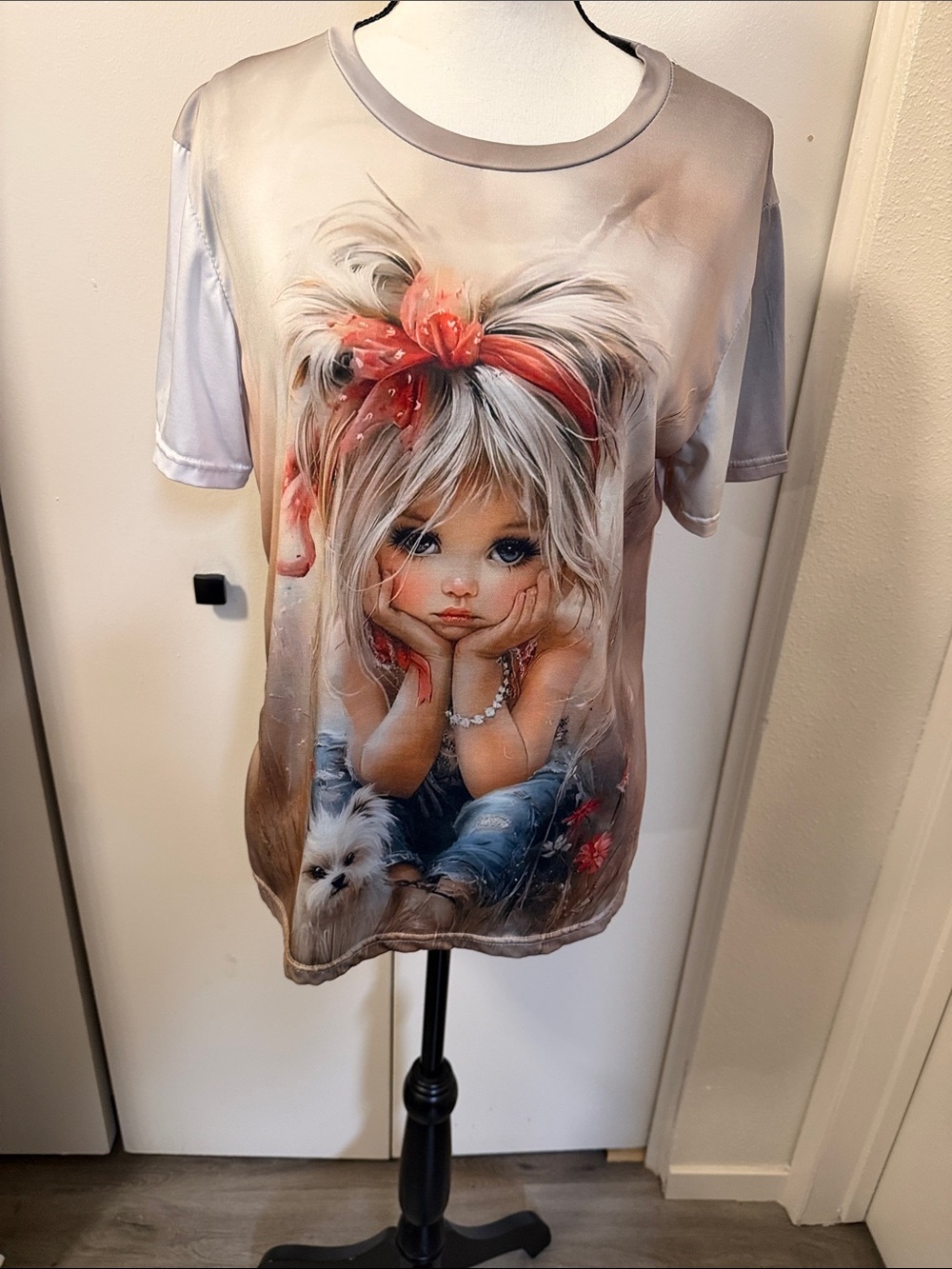 Women’s Graphic Tee with Blonde Girl Print - Pink Accent